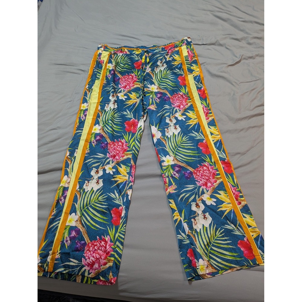 Johnny Was Pants Womens XL Multicolor Tropical Levant Floral Satin Drawstring